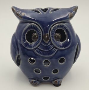 Owl Luminary Candle Votive MCM Stoneware Pottery Blue Decor Cut Outs 5"x4"